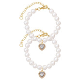 Princess Pearl Pet Collar – two pearl collars with clear heart crystal pendants, gold chain extender, flat lay