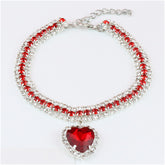 Rhinestone Pet Collar – Ruby red crystal band with red heart pendant, silver prong setting, luxury dog jewelry
