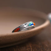 Enamel Fox Ring – Vintage silver ring with colorful nine-tailed fox enamel resting on ceramic dish, luck jewelry