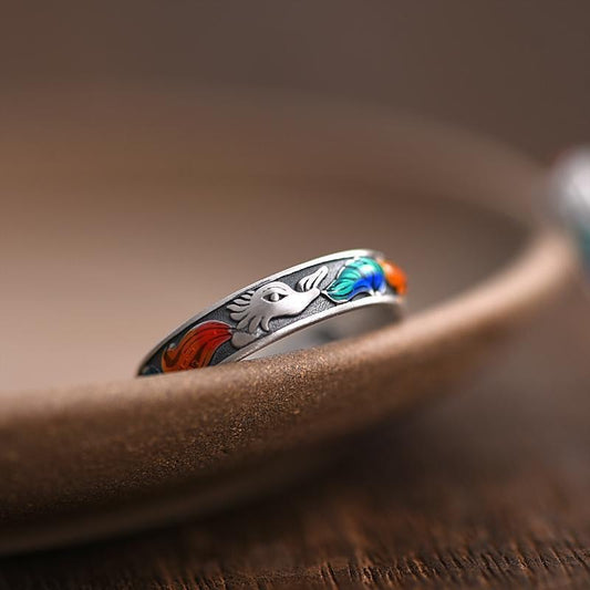 Enamel Fox Ring – Vintage silver ring with colorful nine-tailed fox enamel resting on ceramic dish, luck jewelry
