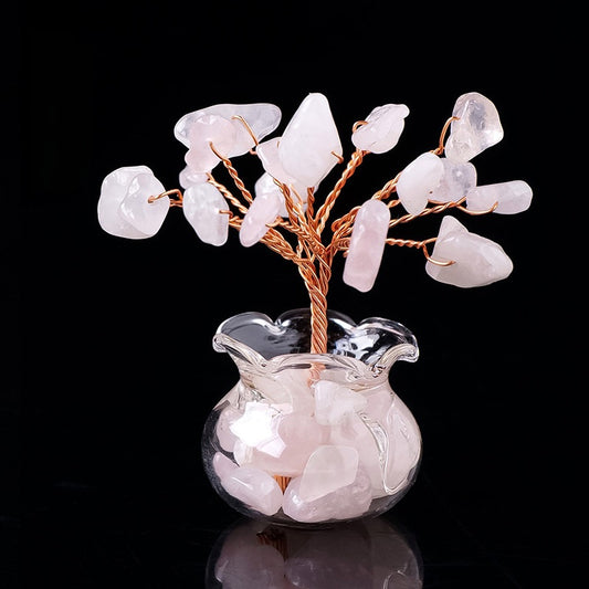 Mini Wealth Tree – rose quartz crystal tree in glass geode pot, copper wire branches, black background, healing decor