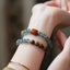 Blue Feicui Jade Two-Row Bracelet – wrist shot with blue jade, red agate, agarwood beads, gold spacers