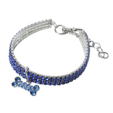 Stretchy Rhinestone Pet Collar – Royal blue 3-row crystal band with bone charm, elastic metal mesh, blue dog collar