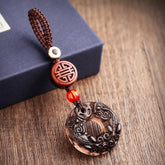 Pixiu Obsidian Keychain – ice obsidian double pixiu disc with shou-character wood bead on brown rope, feng shui wealth charm