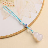 Agate Gourd Keychain – White agate gourd with blue cord and enamel bead on floral fan, crystal healing jewelry