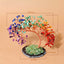 Chakra Crystal Tree – rainbow gemstone tree on agate slice base with green gravel, size chart overlay, chakra healing decor