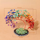 Chakra Crystal Tree – rainbow gemstone tree on agate slice base with green gravel, size chart overlay, chakra healing decor