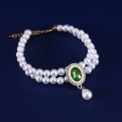 Luxury Double Layer Pearl Pet Dog Cat Necklace, Princess Collar with Colorful Gemstone Pendant