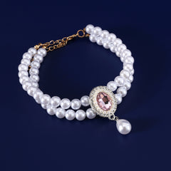 Luxury Double Layer Pearl Pet Dog Cat Necklace, Princess Collar with Colorful Gemstone Pendant