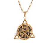 Celtic Moon Star Necklace – gold triquetra pendant with moon star engraving on white, spiritual necklace