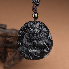 Colgante de diente de lobo de Guan Gong de obsidiana natural: collar amuleto de la paz del año Benming del zodíaco
