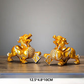 Pi Xiu Statue Pair – Golden winged pair with fortune plaques on wood, Feng Shui wealth decor