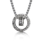 Om Mani Padme Hum Silver Pendant Necklace – Sterling silver box chain with circular mantra ring and engraved cylinder bead, white background front view