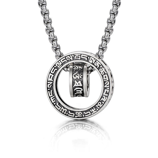 Om Mani Padme Hum Silver Pendant Necklace – Sterling silver box chain with circular mantra ring and engraved cylinder bead, white background front view