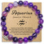 Zodiac Purple Agate Bracelet - Aquarius zodiac variant with silver Aquarius charm on kraft card, astrology birthday gift