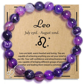 Zodiac Purple Agate Bracelet - round beaded bracelet with silver Leo charm on kraft card, front view