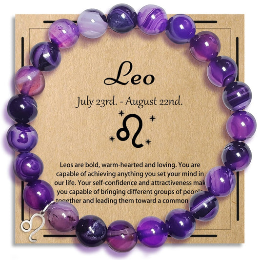 Zodiac Purple Agate Bracelet - round beaded bracelet with silver Leo charm on kraft card, front view