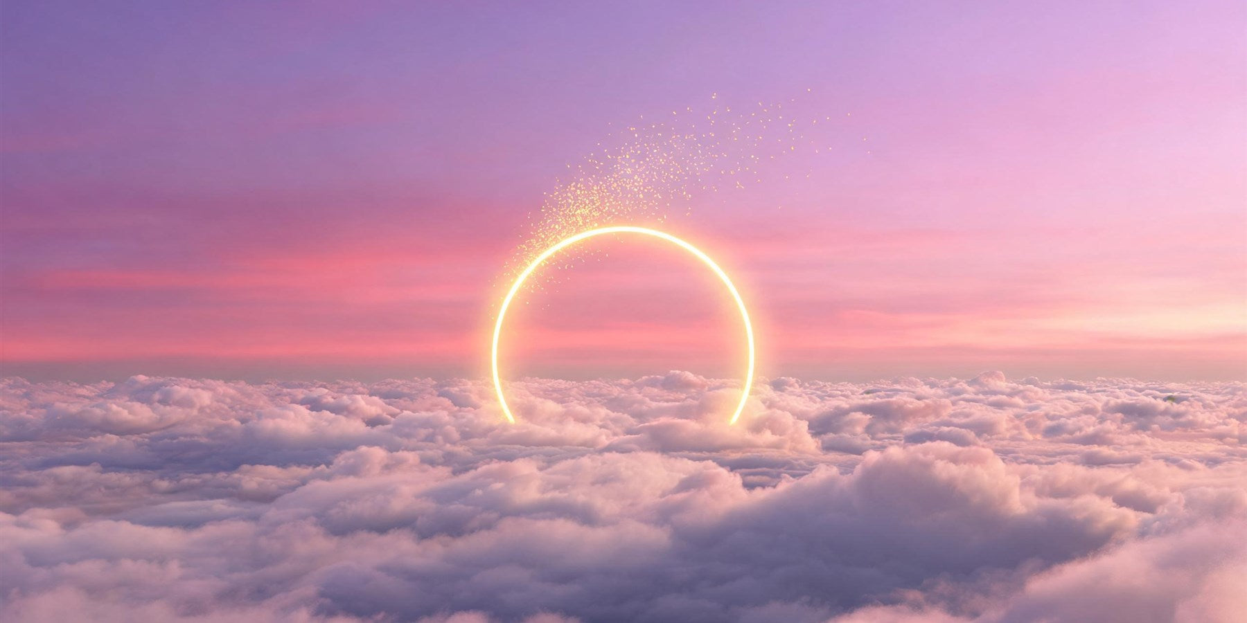 999 angel number twin flame meaning - a golden ring of light closing into a complete circle above a sea of clouds under a violet and rose sky