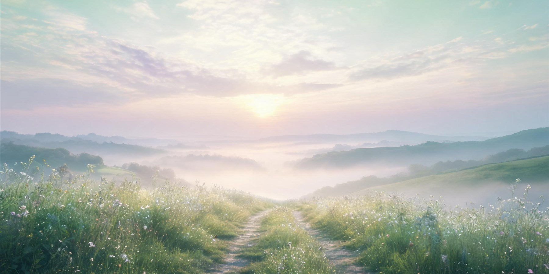 1212 angel number meaning - a calm sunlit path opening onto a wide horizon between soft green and violet light, alignment and a new chapter