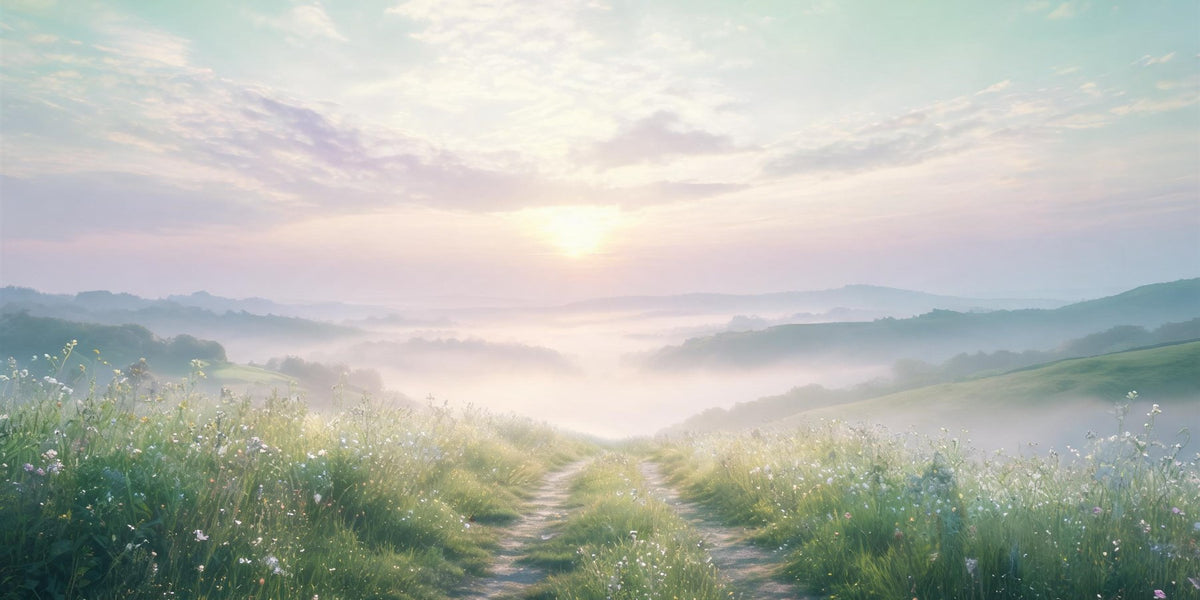 1212 angel number meaning - a calm sunlit path opening onto a wide horizon between soft green and violet light, alignment and a new chapter