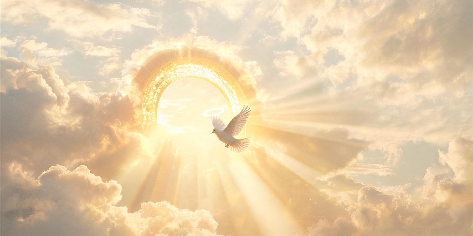 111 angel number meaning - golden portal of light opening between clouds with a white dove, new beginnings
