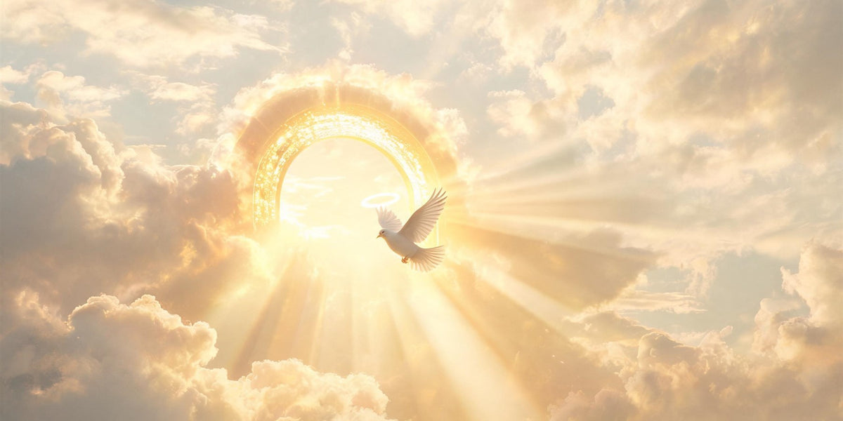 111 angel number meaning - golden portal of light opening between clouds with a white dove, new beginnings