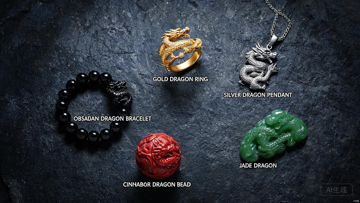 Five dragon jewelry pieces in different colors representing the five elements