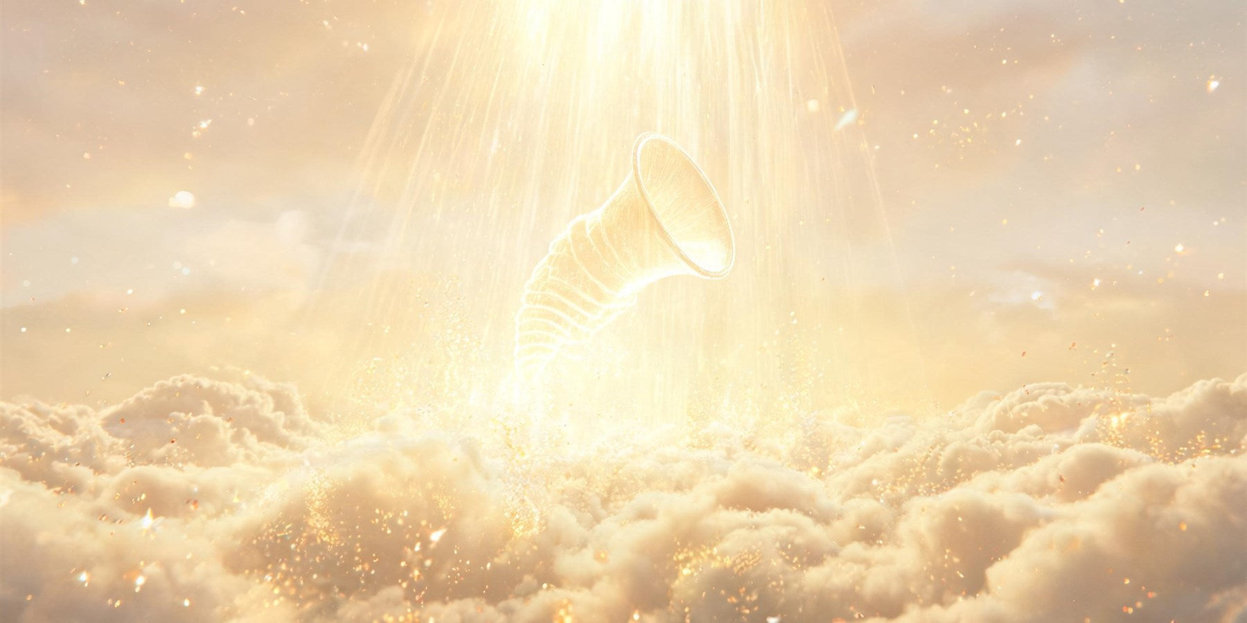 888 angel number meaning - golden horn of plenty formed from warm light beneath a cascade of golden rays over clouds