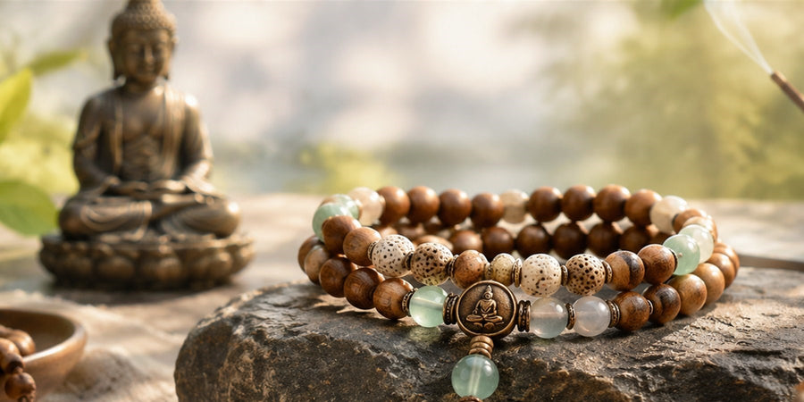 Buddha bracelet meaning: carved Buddha bead bracelet worn on the wrist