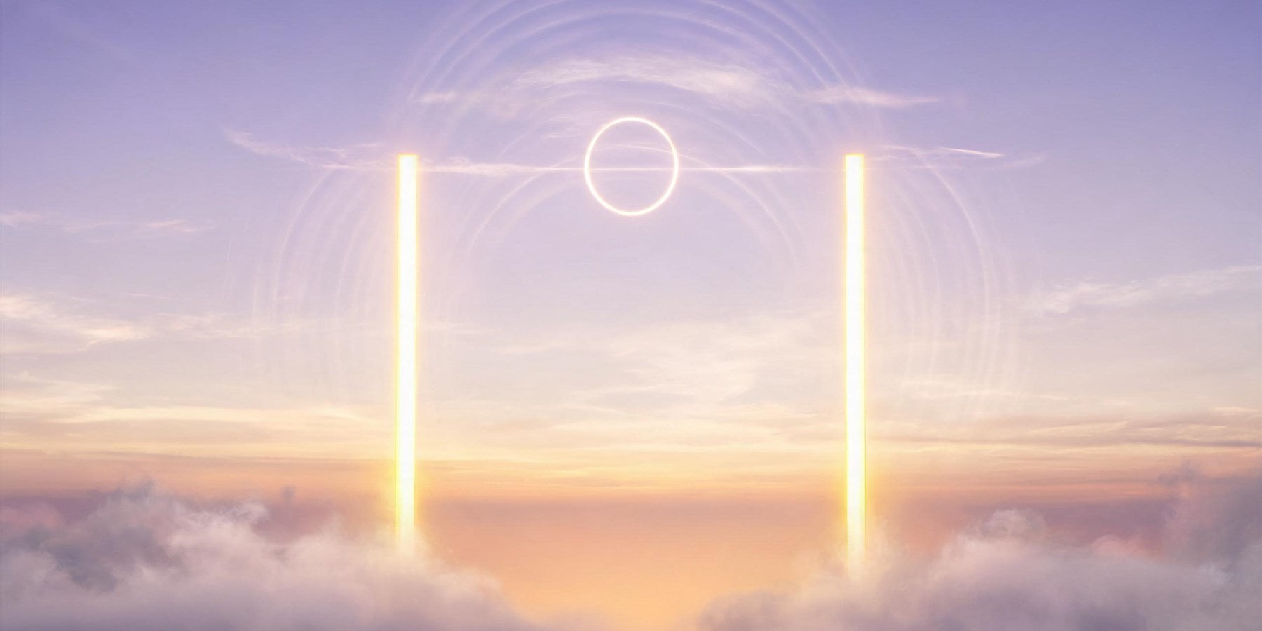 11:11 angel number meaning - mirrored pillars of golden dawn light meeting in a soft violet sky, wish hour and awakening signal
