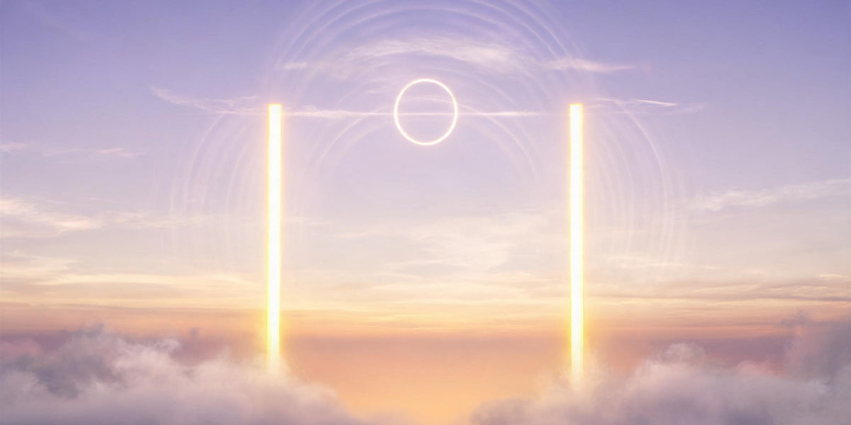 11:11 angel number meaning - mirrored pillars of golden dawn light meeting in a soft violet sky, wish hour and awakening signal