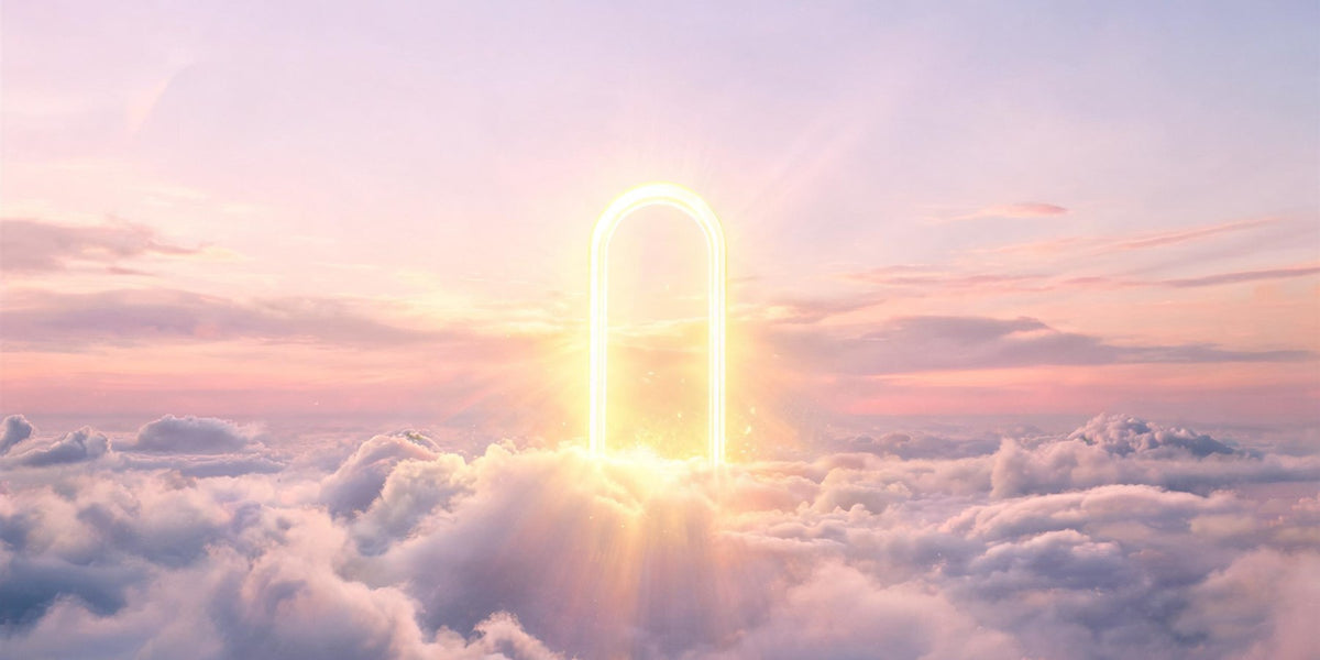 1111 angel number meaning - a luminous doorway of golden light opening in a soft dawn sky, threshold and manifestation portal
