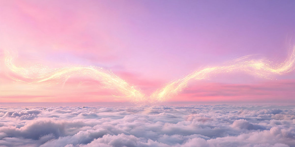 1111 angel number twin flame meaning - two streams of golden light meeting and mirroring each other over a soft rose and violet sky