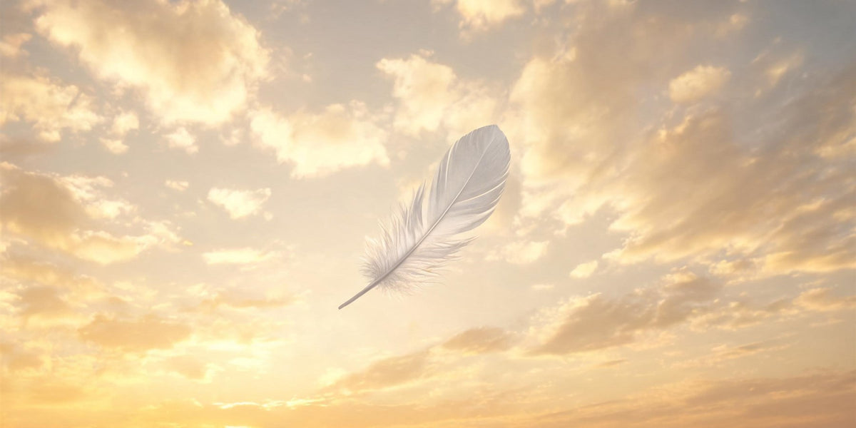 999 angel number meaning - golden light fading into soft clouds with a single white feather drifting downward, completion
