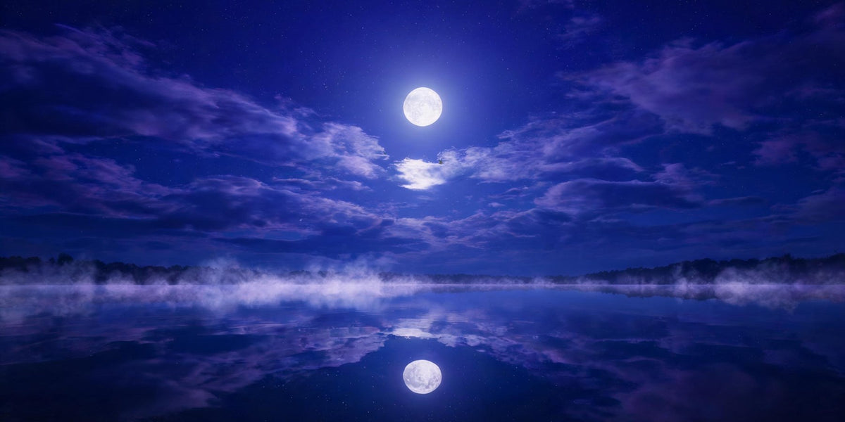 Angel numbers in dreams - a dark violet night sky over a still lake with soft moonlight and faint luminous numerals reflected in the water, dreamlike mood
