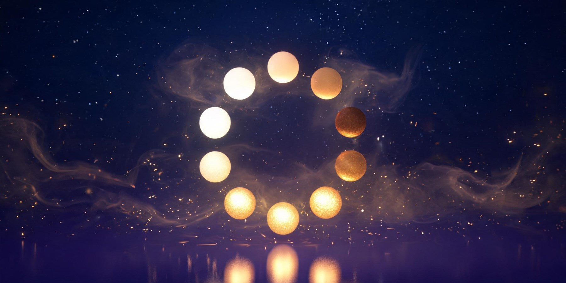 Angel number meanings 1 to 9 - nine glowing orbs of light arranged in a circle above a violet reflective surface