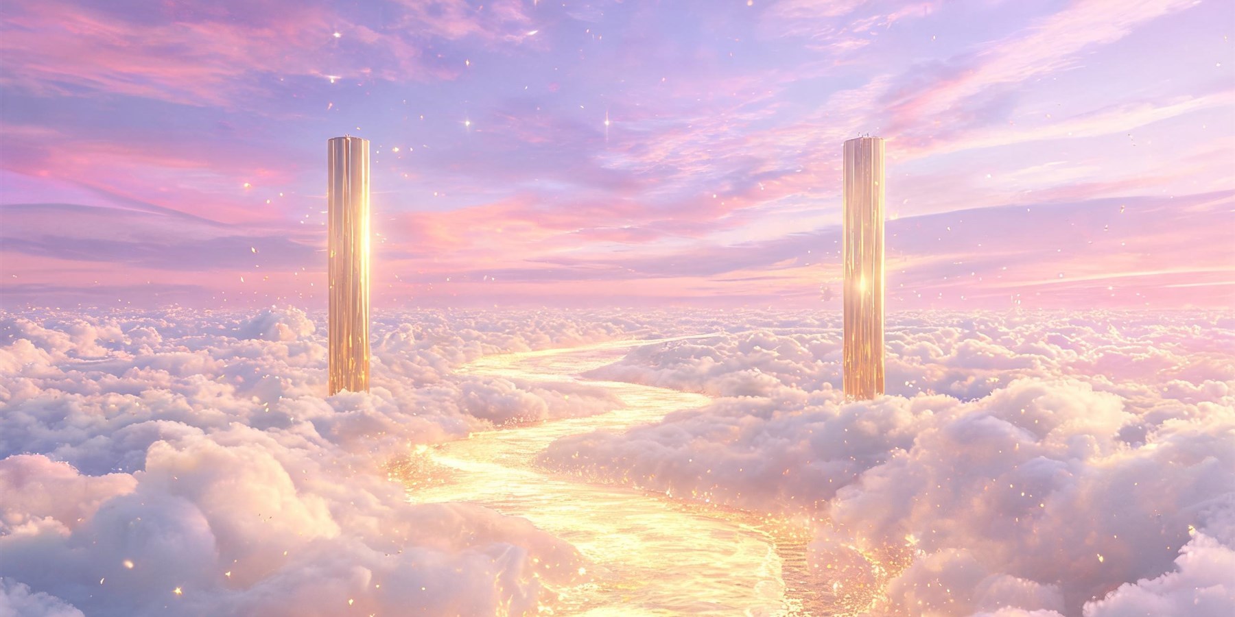 888 angel number twin flame meaning - two mirrored golden pillars of light standing opposite each other with a river of golden light flowing between them under a violet sky