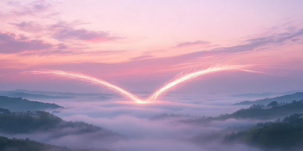 Angel numbers for love - soft rose and gold light over two gently converging streams in a calm misty landscape, mutual connection