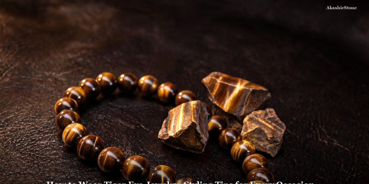 Tiger Eye jewelry styling guide with a ring, necklace, and bracelet