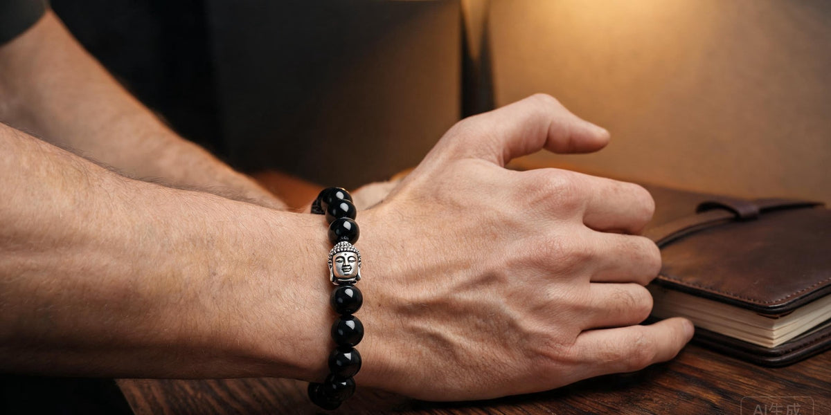 Buddha bracelet for men: large wood and silver beads on a wrist, sizing close-up