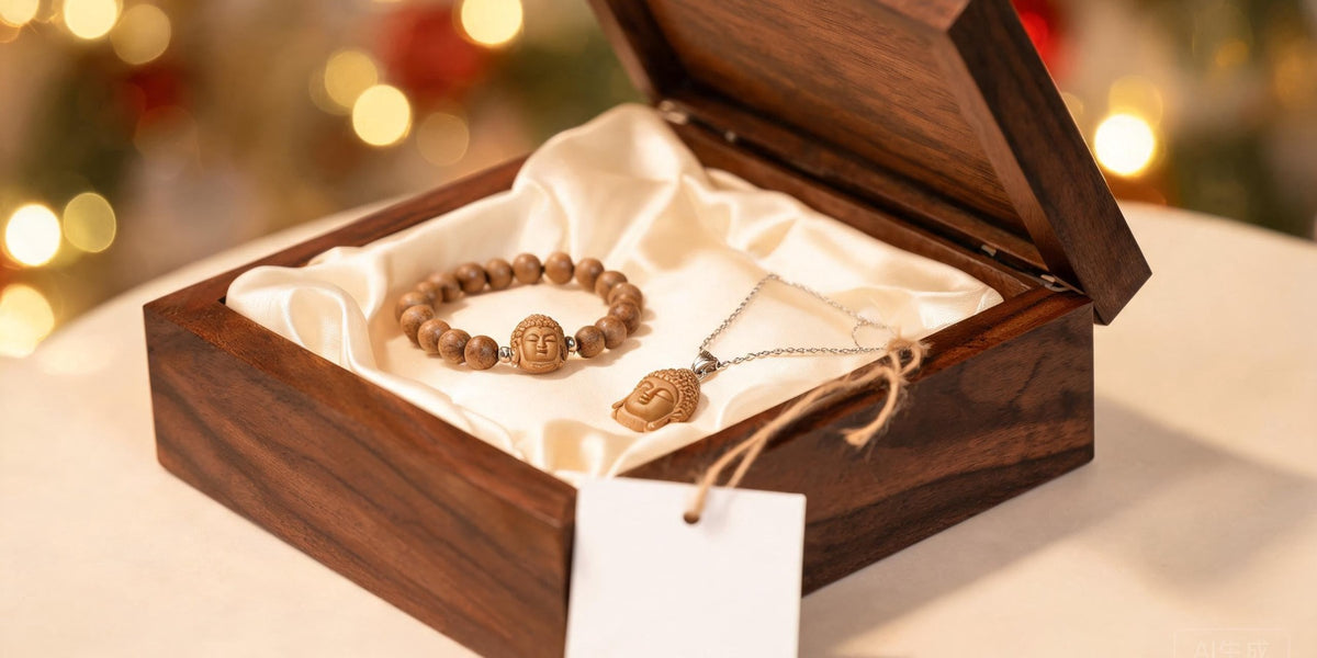 Buddha jewelry gift guide: pendant, bracelet and ring arranged as a gift set