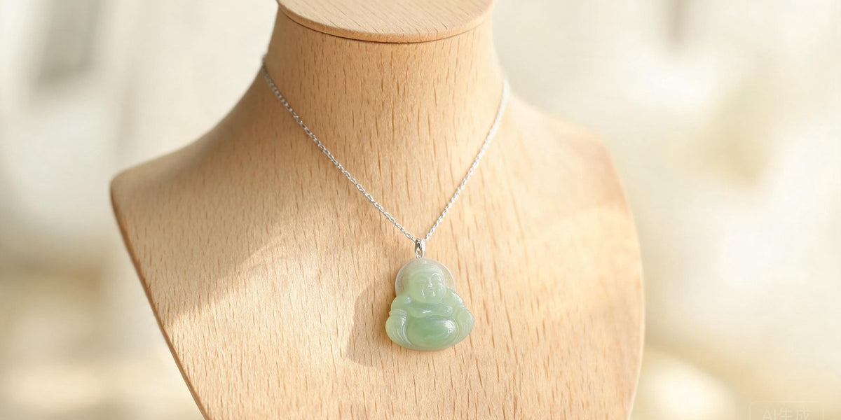 Buddha pendant chain lengths compared: three necklace sizes on a display stand