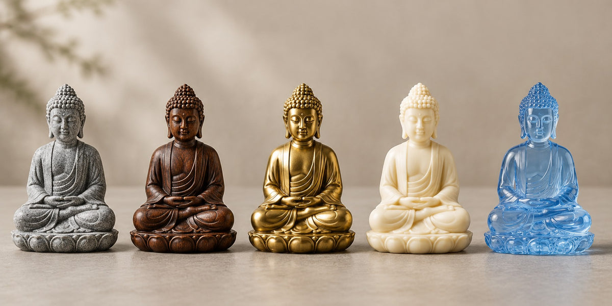 Five Buddha statues in stone, wood, brass, resin and blue liuli glass lined up side by side
