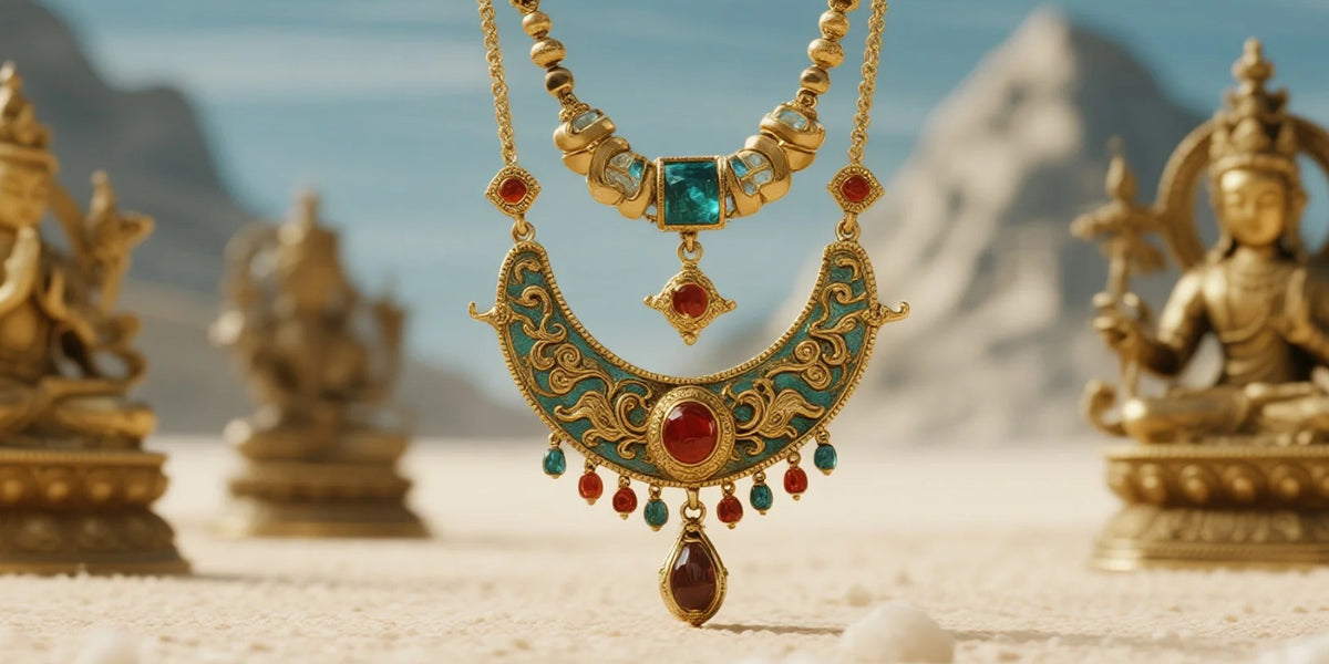 Buddhist jewelry: mala beads, Buddha pendant and rings arranged on linen