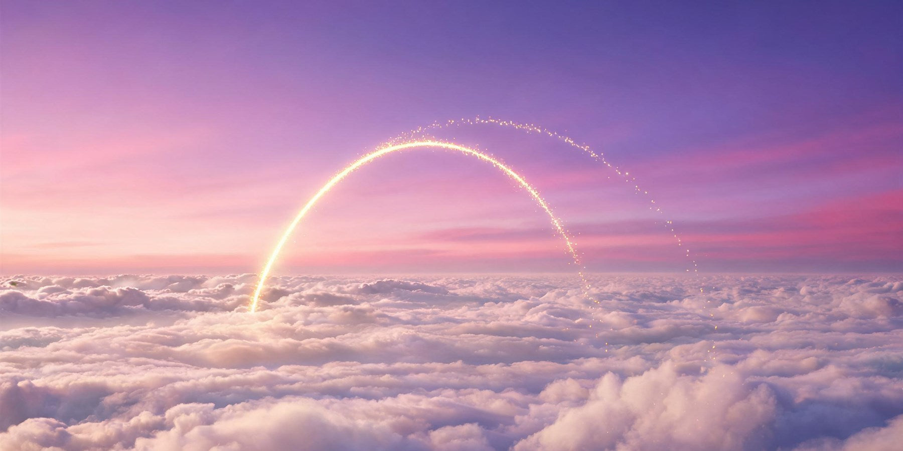 555 angel number twin flame meaning - a golden arc of light forking into two diverging paths over a violet and rose sky