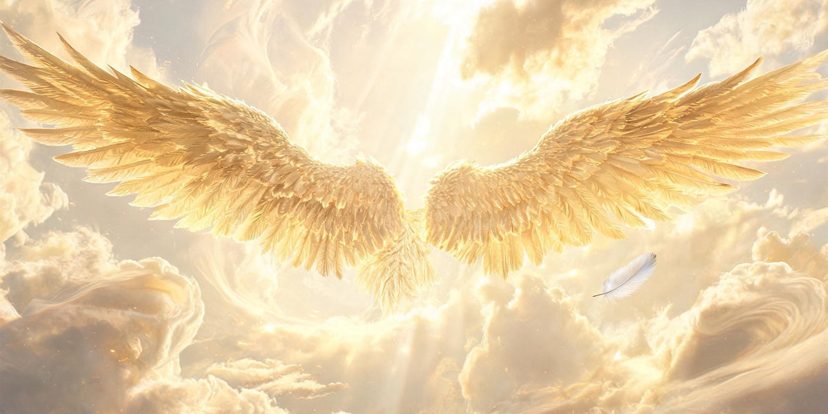 555 angel number meaning - golden feathered wings spread wide in moving cream and gold clouds with a drifting white feather
