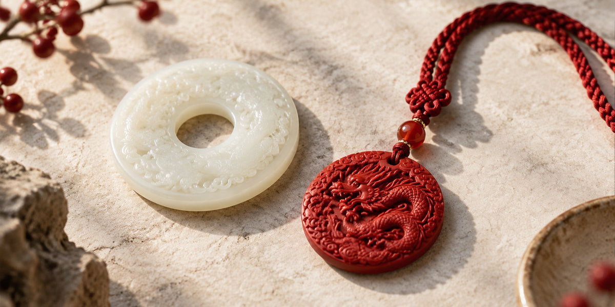 Chinese jade disc, carved cinnabar dragon pendant and red cord arranged on pale stone