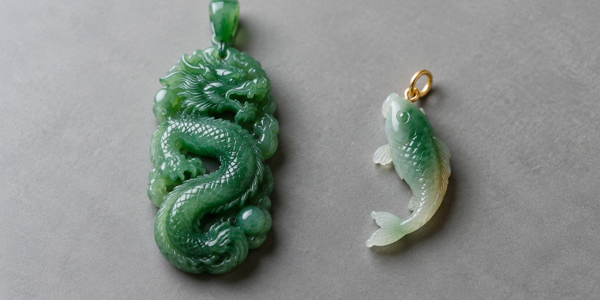 Carved jade dragon pendant beside a koi fish charm on a neutral surface