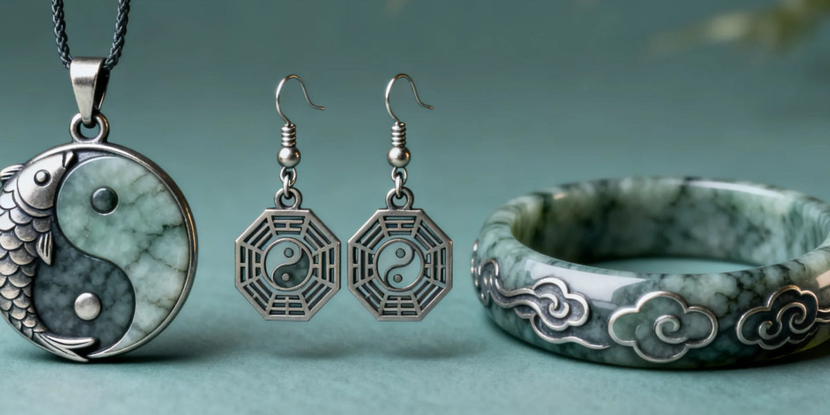 Taoist jewelry meanings: taijitu, bagua and talisman motifs on carved pendants and rings