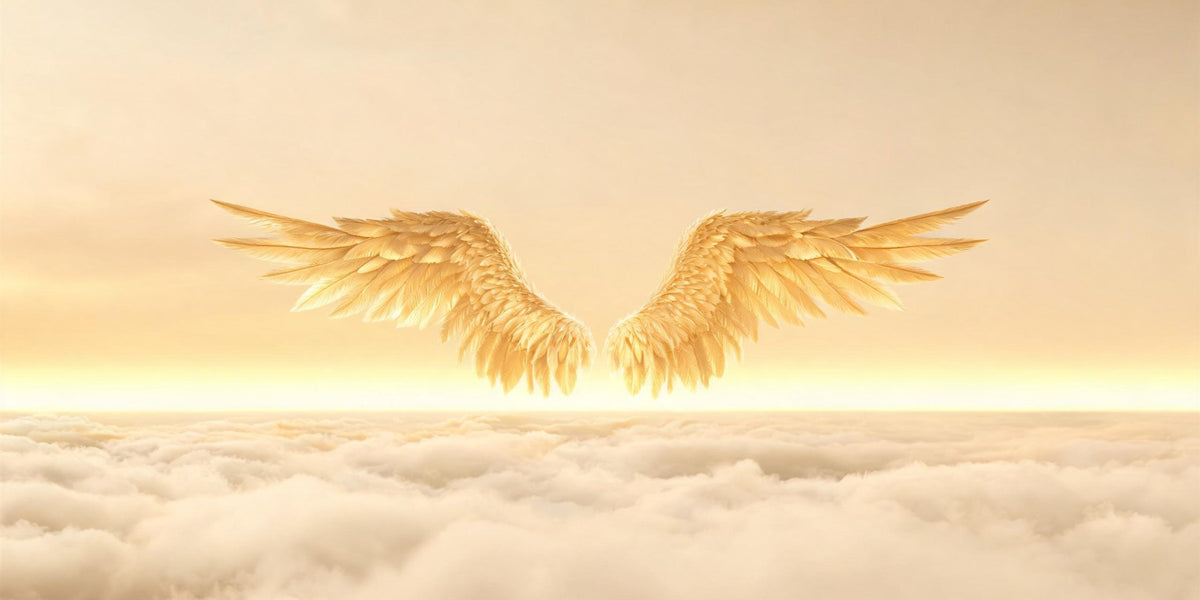 666 angel number meaning - symmetrical pair of golden wings meeting at the centre above calm cream clouds and an even band of light